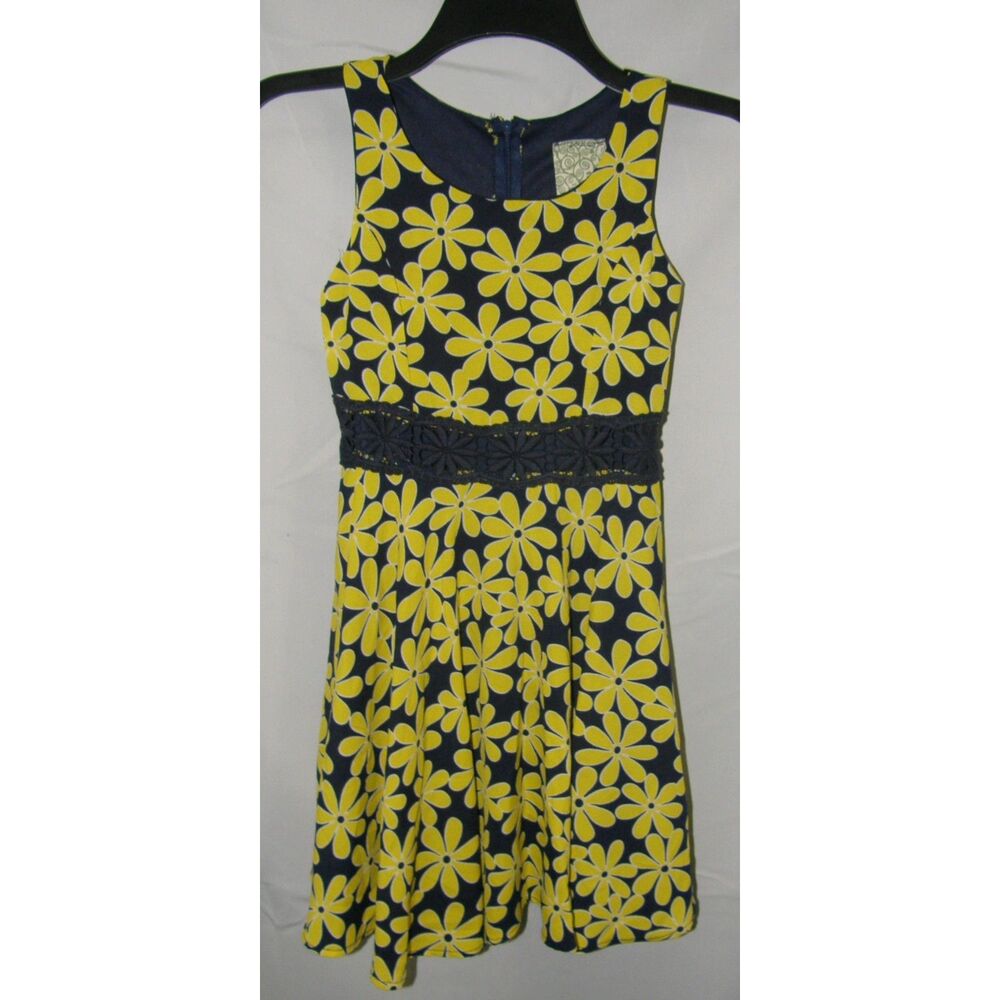 NEW Girls Sz Small Navy Blue & Bright Yellow Floral Lined Sleeveless Dress KIDDO